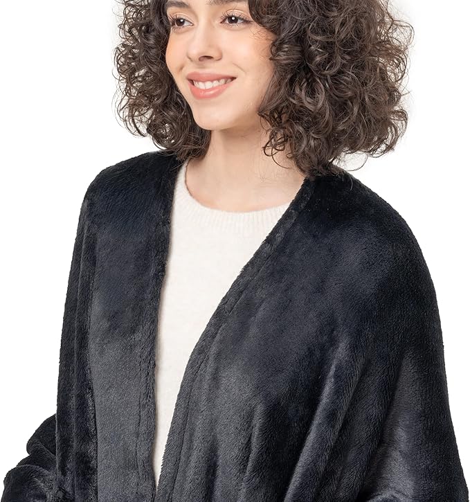 Berkshire Blanket Primalush™ Wearable Blanket, Cozy Loungewear Pocketed Plush Cape Wrap for Adults & Teens(Black, One Size 58"X64")