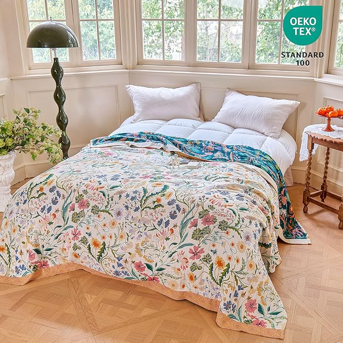MSGKV The Boho Layer: 60"x80" Cotton Throw Blanket – Full Size for Couch Snuggles, Twin Bed Topper | Lightweight & Breathable Reversible Maximalist Colorful Floral, Decorative Accent