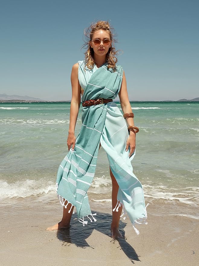 BAY LAUREL Turkish Beach Towel with Travel Bag 39 x 71 Quick Dry Sand Free Lightweight Large Oversized Towels Light - (Aqua with Blue Floral Bag)