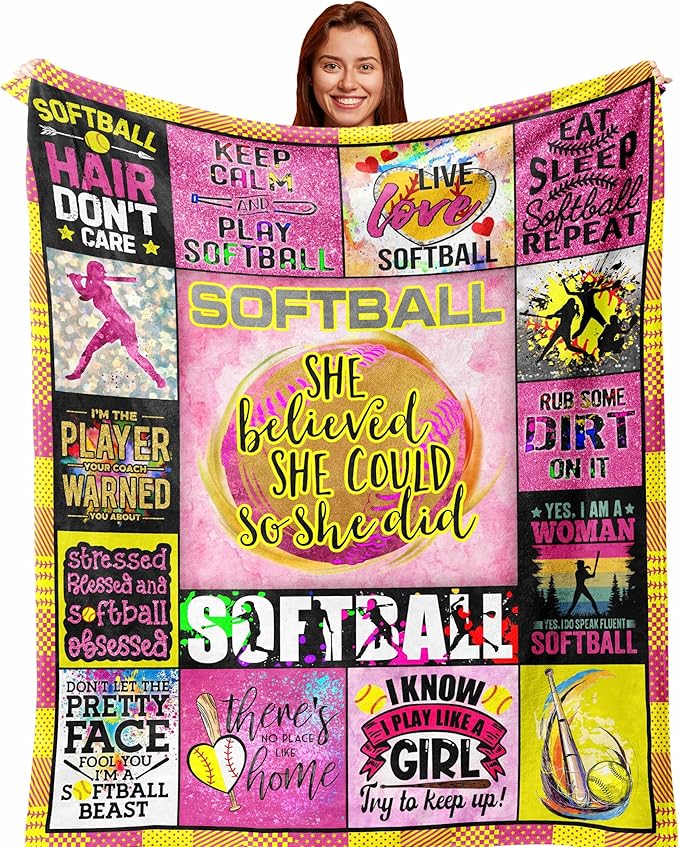 Softball Blanket 60X50in, Best Softball Gifts/Accesories for Girls/Woman/Team, Girls Softball Lover/Player Presents for Sister/Daughter/Granddaughter/Niece