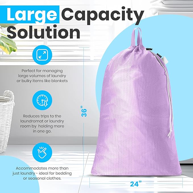 Large Mesh Laundry Bags - Heavy Duty with Handles & Drawstring - Machine Washable Net Laundry Sacks for College Dorm, Camp, Travel, Bedding & Clothes Storage (Purple)