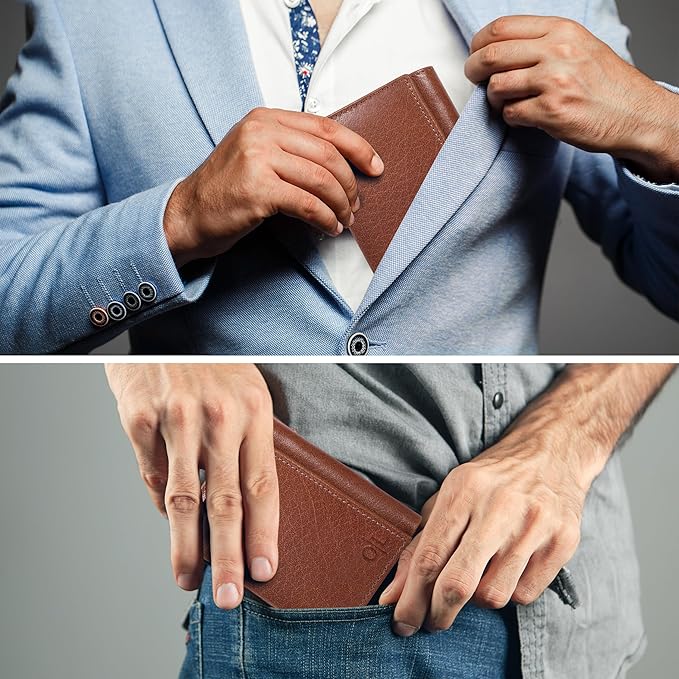 Real Leather Mens Trifold Wallet RFID Blocking Slim Minimalist Front Pocket - Thin & Stylish with ID Window in Gift Box