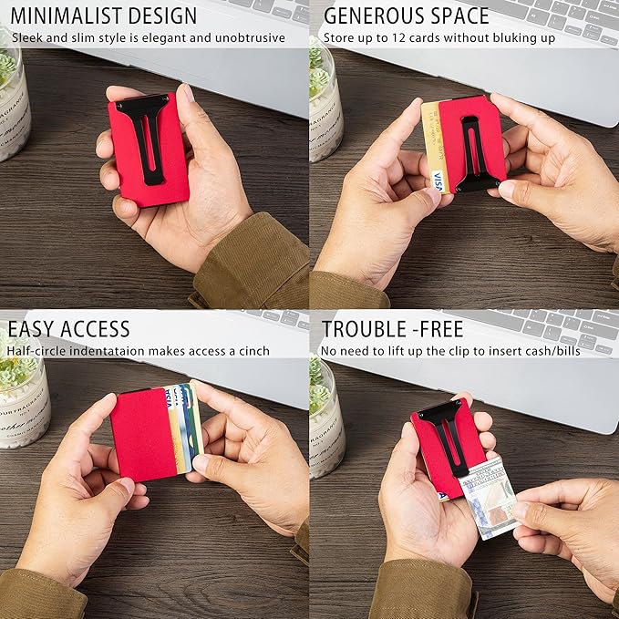 Minimalist Carbon Fiber Wallet for Men, Money Clip Cash Strap Wallet, RFID Blocking Metal Wallet Aluminum Card Holder,Front Pocket Wallet(Matte Red)