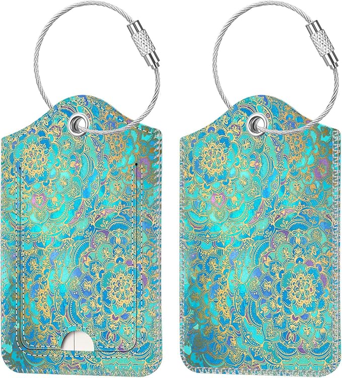 Fintie Luggage Tags, Privacy Cover ID Label with Stainless Steel Loop and Address Card for Travel Bag Suitcase - Glass Blue (2 Piece)