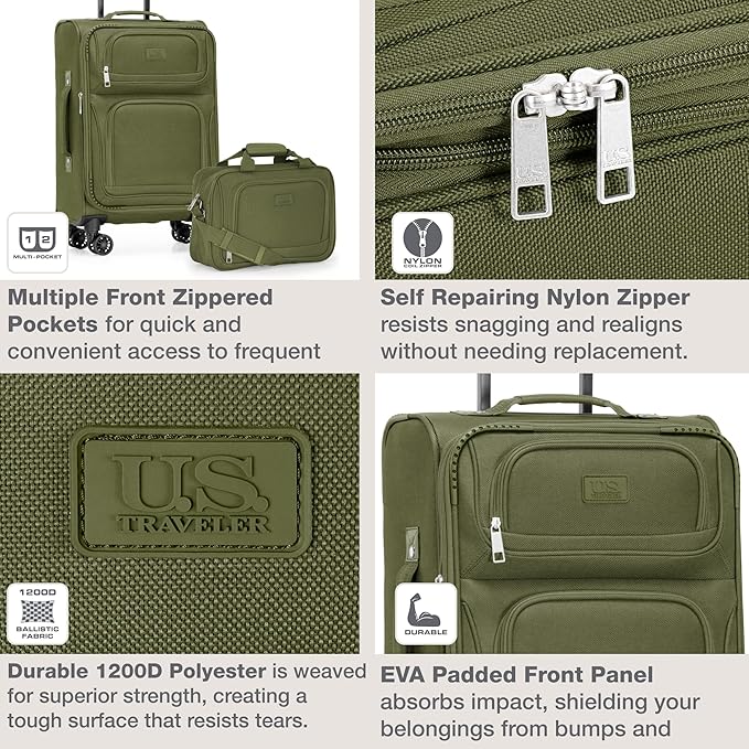 U.S. Traveler Rio Lightweight Softside Rolling Carry-on Suitcase, 4-Wheel Single, Green