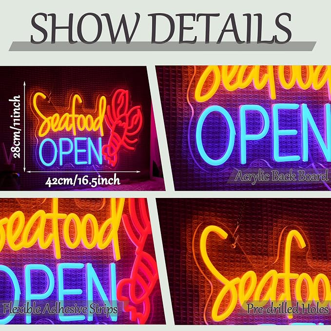 Seafood Open Neon Sign for Business Decor Delicious Lobster Led Neon Light Dimmable Fish Food Light Up Sign for Seafood Restaurant Shop Night Market Fish Market Oyster Bars