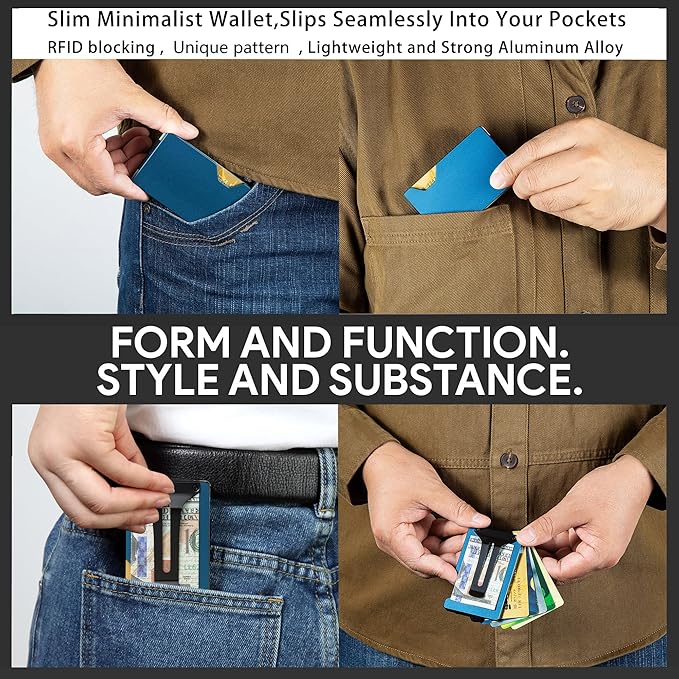 Minimalist Carbon Fiber Wallet for Men, Money Clip Cash Strap Wallet, RFID Blocking Metal Wallet Aluminum Card Holder,Front Pocket Wallet(Matte Blue)