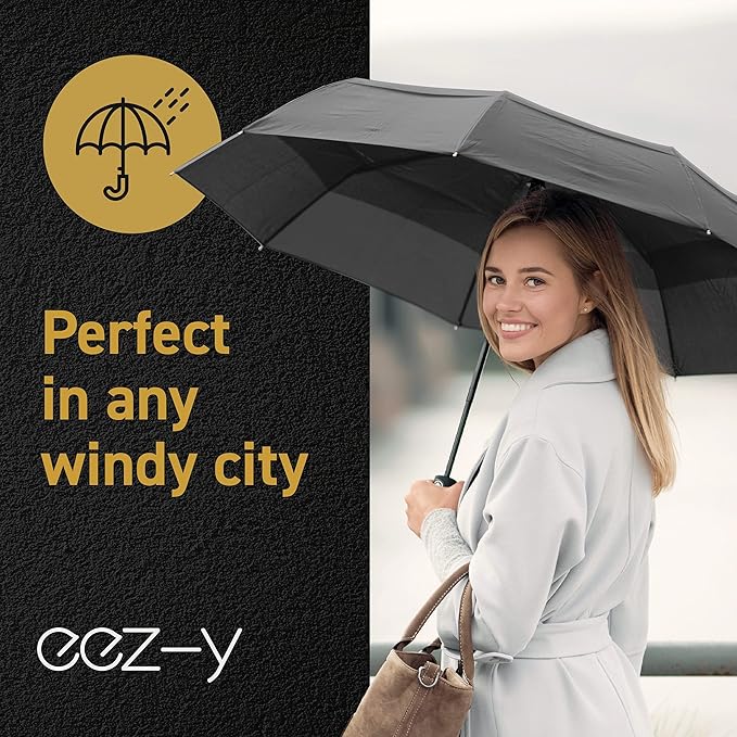 Windproof Compact Umbrella for Rain - 42” Travel Umbrella, Portable, Strong, Collapsible to 11”, Automatic Open Close Button, Vented Double Canopy with Fiberglass/Steel Frame, Wind Resistance to 55MPH