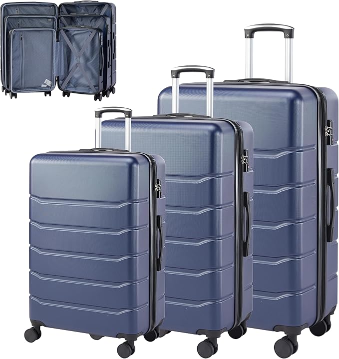 Simple Deluxe 3-Piece Luggage Sets, Suitcase with Double Spinner Wheels & TSA Lock, Hard Shell Suitcase, Expandable Rolling Lightweight Luggage, Blue
