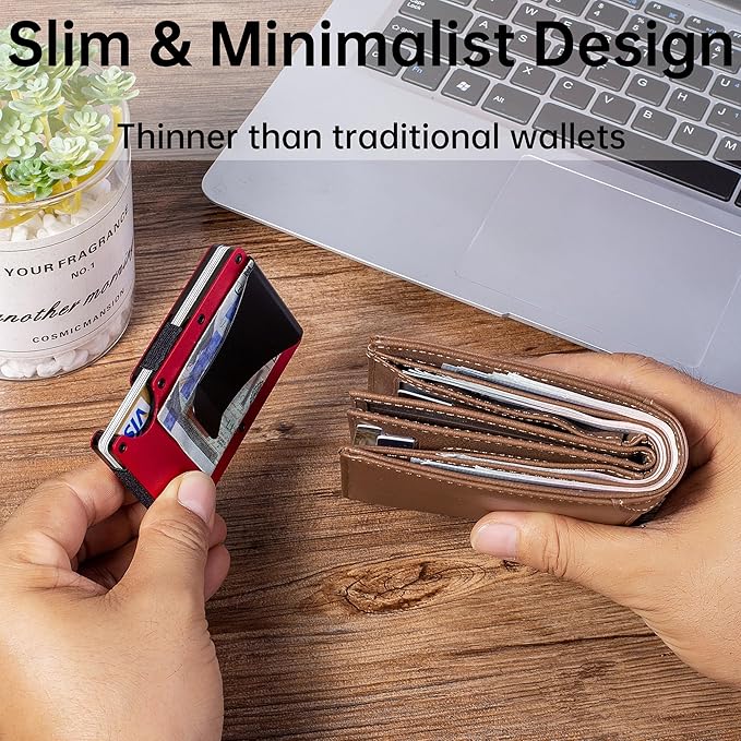 Carbon Fiber Minimalist Wallet for Men Credit Card Holder Money Clip & Cash Strap Slim RFID Mens Wallets(Matt Red)