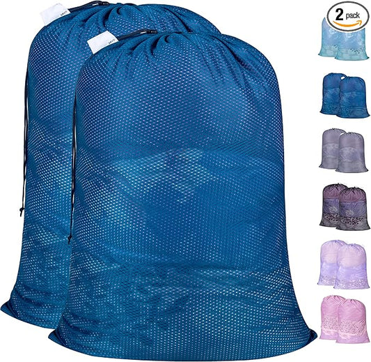 Polecasa Extra Heavy Duty Large Diamond Mesh Laundry Bags with Drawstring Closure & ID Tag, 2 Pack 24 x 36 inches Washable Storage Bag for College, Travel, Sports, Dorms, Blue