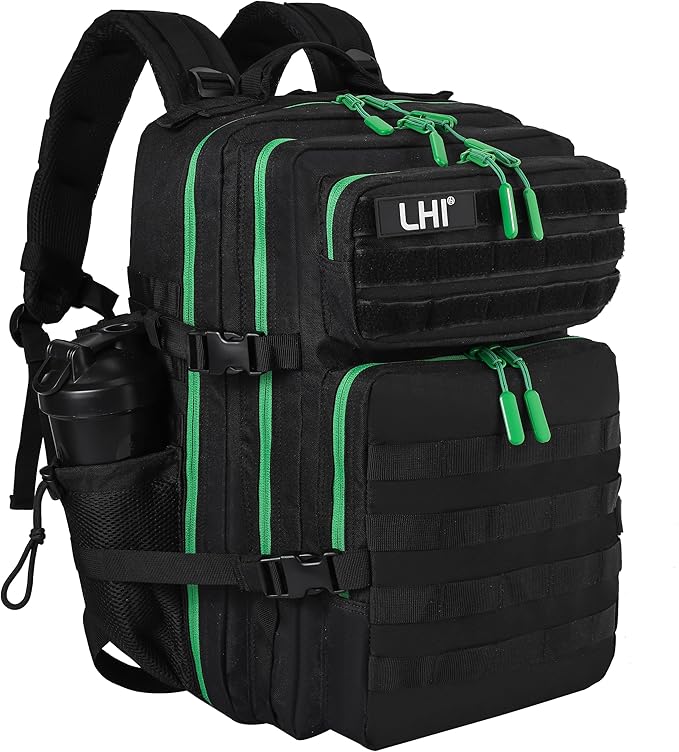 LHI Military Tactical Backpack for Men and Women 45L Army 3 Days Assault Pack Bag Large Rucksack with Molle System - Black with green zipper