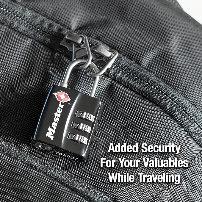Master Lock Black TSA-Approved Luggage Lock with Wide Lock Body and Thin, Durable Steel Shackle, Zipper Lock for Backpacks, Luggage, 3 pk, 4680BLKEC3