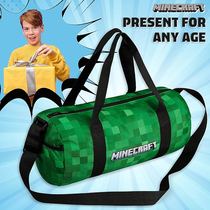 Minecraft Gym Bag for Kids Teens Duffle Bag Travel Overnight Sports Creeper Weekender Bag Carry On Holdall (Green, 16.14x7.08x7.48inches)