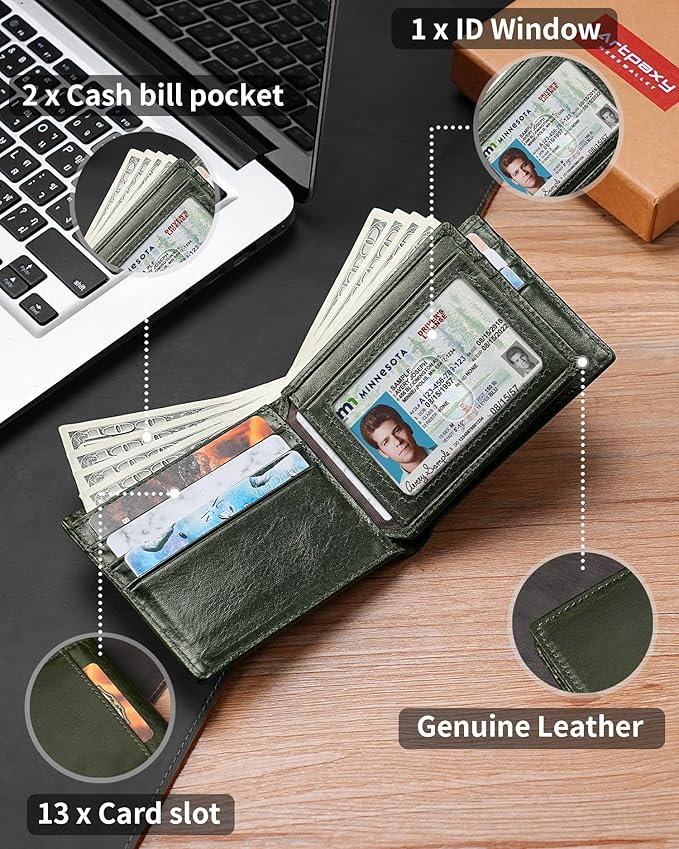 Artpaxy Mens Wallet Bifold Genuine Leather RFID Blocking Wallet for Men with 1 ID Windows 13 Card Holders 2 cash pockets 1 Gift Box