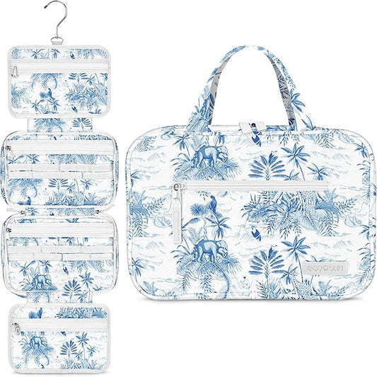 Eco Sun Hanging Travel Toiletry Bag — Designed in Hawaii — Water-resistant Travel Organizer for Bathroom Accessories (Baby Blue Safari)