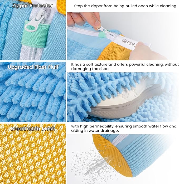 2Pcs Shoe Washing Machine Bag, Sneaker Laundry Bag for Washing Machine, Extra Long and Thick Microfibre Fluff, Reusable for Washer and Dryer (2pcs, Blueish Yellow)