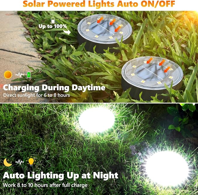 Joomer 2-in-1 Solar Lights Outdoor Waterproof, 4 Pack 8 LED, White | Solar Powered Garden Lights Ground Disc Landscape Lighting for Patio Pathway Lawn Yard Driveway Walkway Deck Step
