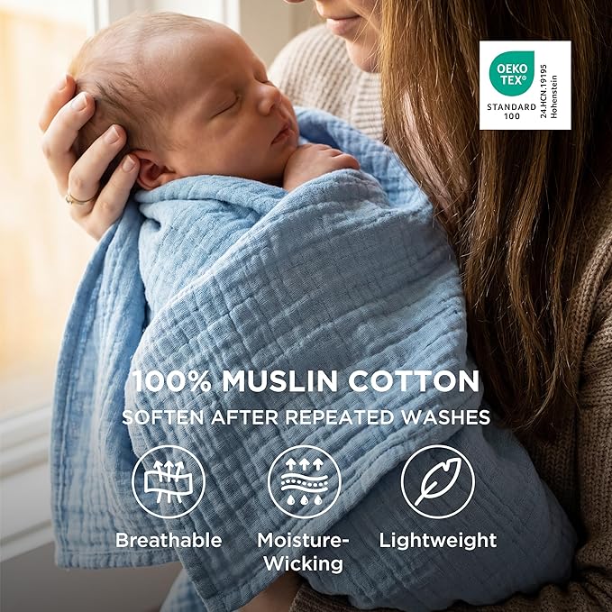 Bedsure 100% Cotton Muslin Blanket King Size for Bed - 4-Layer Breathable and Lightweight Thin Soft Summer Gauze Muslin Blanket for Adults, Blue, 108x90 Inches