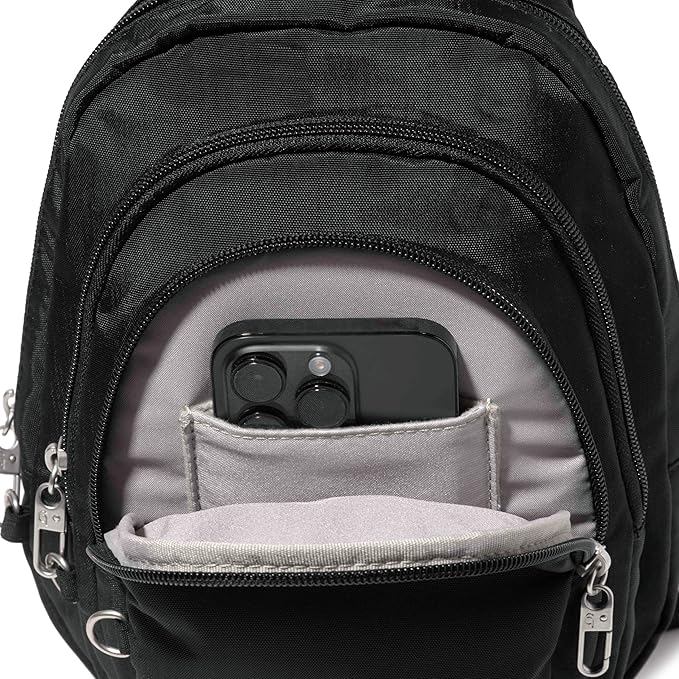 Baggallini Securtex® Anti-Theft Multi Zip Sling - Lightweight 8.6"x15.2" Travel Bag with Locking Zippers & RFID Protection