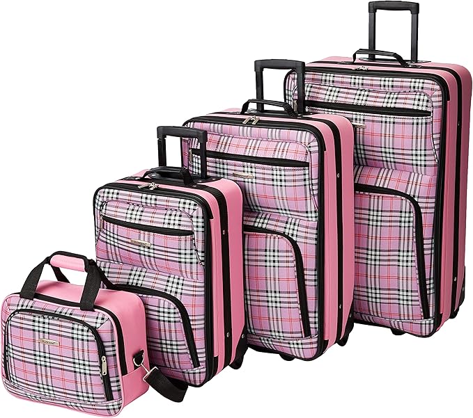 Rockland Fashion Softside Upright Luggage Set, Telescoping Handles, Pink Cross, 4-Piece (14/19/24/28)