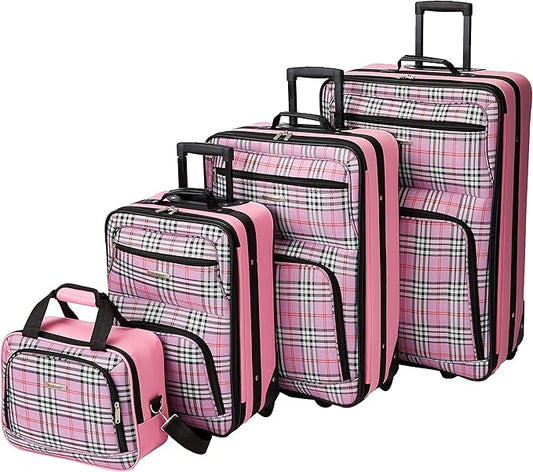 Rockland Fashion Softside Upright Luggage Set, Telescoping Handles, Pink Cross, 4-Piece (14/19/24/28)