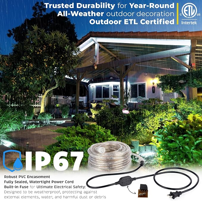 1656LEDs, 150ft LED Outside Rope Lights, Waterproof Permanent Outdoor ETL Certified Connectable Clear Tube, Christmas Palm Tree Holiday Decorative Landscape Patio Accent Lighting - Cool White