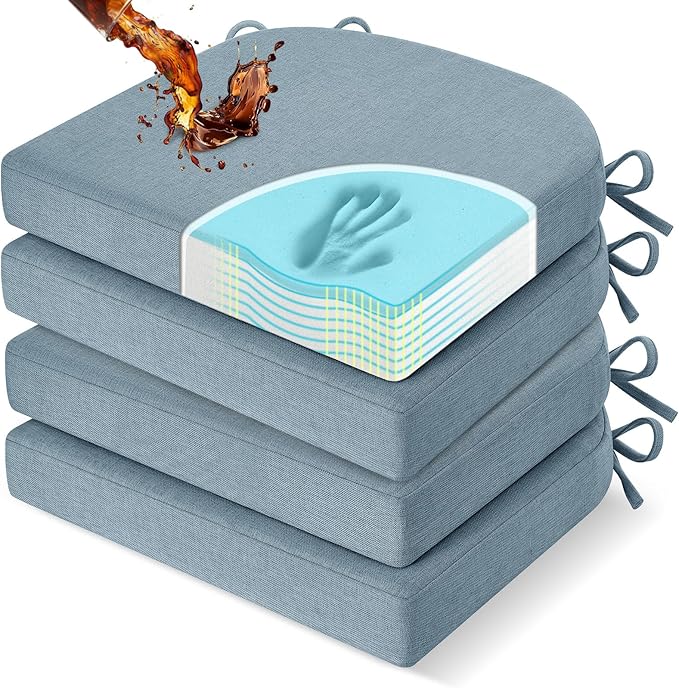 downluxe Chair Cushions for Dining Chairs, Memory Foam Linen Kitchen Chair Pads with Ties, Waterproof, Stain-Resistant and Washable Cover, 17" x 16" x 2.5", Light Blue, 4 Pack