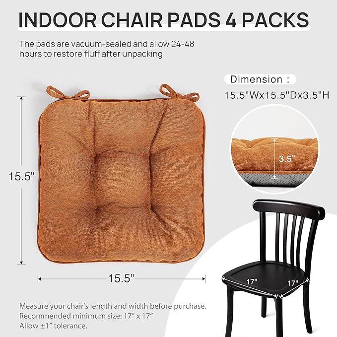 Love's cabin Memory Foam Chair Cushions Set of 4, 15.5"x15.5"x3.5" Indoor & Outdoor Seat Pads for Dining, Kitchen, Office, Patio Chairs - Terracotta