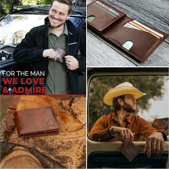 BULL GUARD Mens RFID Blocking Bifold Wallet Soft Genuine Leather Brown Western | Secure and Durable Extra Capacity Billfold with 11 Credit Cards, Flip Up ID