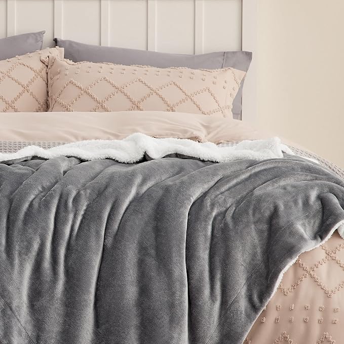 Bedsure GentleSoft Sherpa Fleece Twin Blanket for Couch, Non-Heated, Thick and Warm Throw for Women and Men, Soft Fuzzy Plush Blanket for Winter, Grey, 60x80 Inches