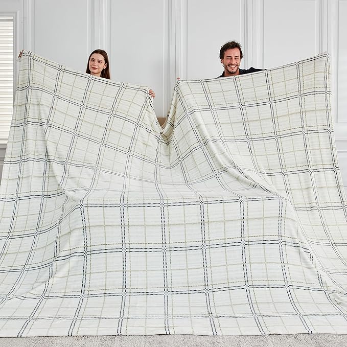 Soft Cozy 120x138 Inches Seamless Oversized King Fleece Blanket, Line Pattern Giant Huge, Extra Large 10'x11.5', California King Blanket for Sofa, Family, Travel, Line Ivory Grey