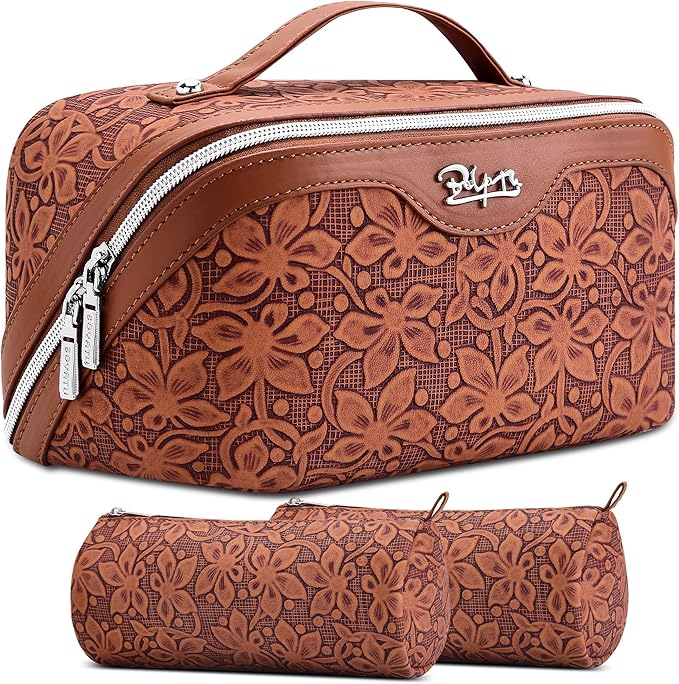 BOYATU Travel Makeup Bag Cosmetic Bags for Women: Large Capacity 3 Pcs Set Make up Bag with Compartments - Waterproof Vegan Leather Toiletry Organizer Bags with Handle (Z-61Brown)