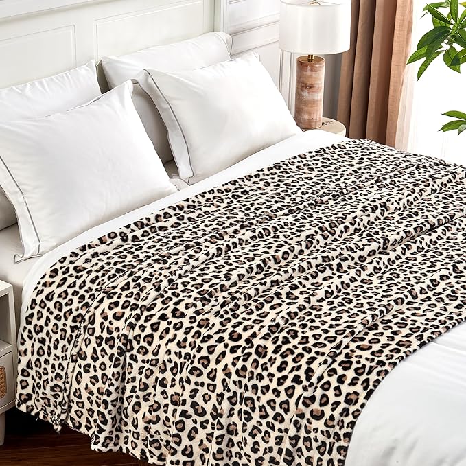 Leopard Print Blanket Fleece Throw for Bed Sofa Travel and Camping, Super Soft Cozy Fluffy Plush Cheetah Print Blanket for All Seasons 60"x80" (Cream)