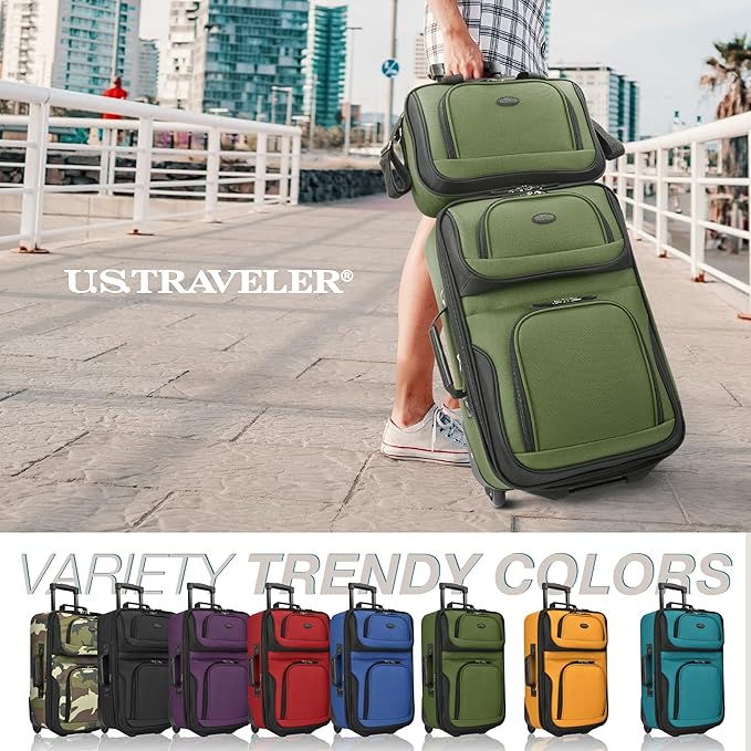 U.S. Traveler Rio Lightweight Softside Rolling Carry-on Suitcase, 2-Wheel Set, Green