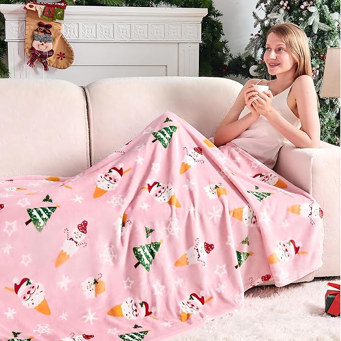 Christmas Blanket Soft Cozy Pink Throws with Snowman Snowflake Santa Claus and Xmas Trees Print, Fuzzy Warm Christmas Throw Blanket for Couch Bed Holiday Decorations Gifts 60"x80" (Pink)