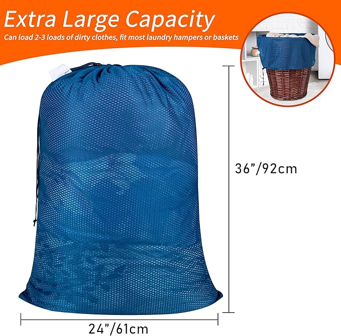 Polecasa Extra Heavy Duty Large Diamond Mesh Laundry Bags with Drawstring Closure & ID Tag, 24 x 36 inches Washable Storage Bag for College, Travel, Sports, Dorms, Blue