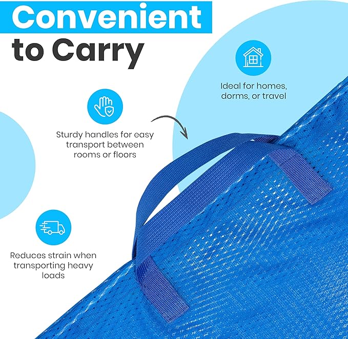 Large Mesh Laundry Bags - Heavy Duty with Handles & Drawstring - Machine Washable Net Laundry Sacks for College Dorm, Camp, Travel, Bedding & Clothes Storage (Blue)