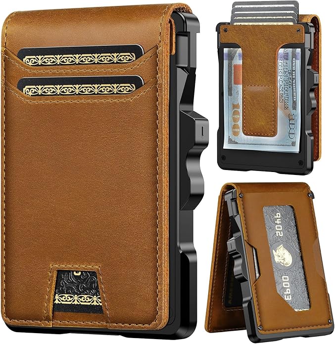 furid Genuine Leather Wallet for Men: Slim RFID Minimalist Wallets with Money Clip - Smart Pop Up Credit Card Holder for Front Pocket - Gifts for Husband Father on Birthday Anniversary