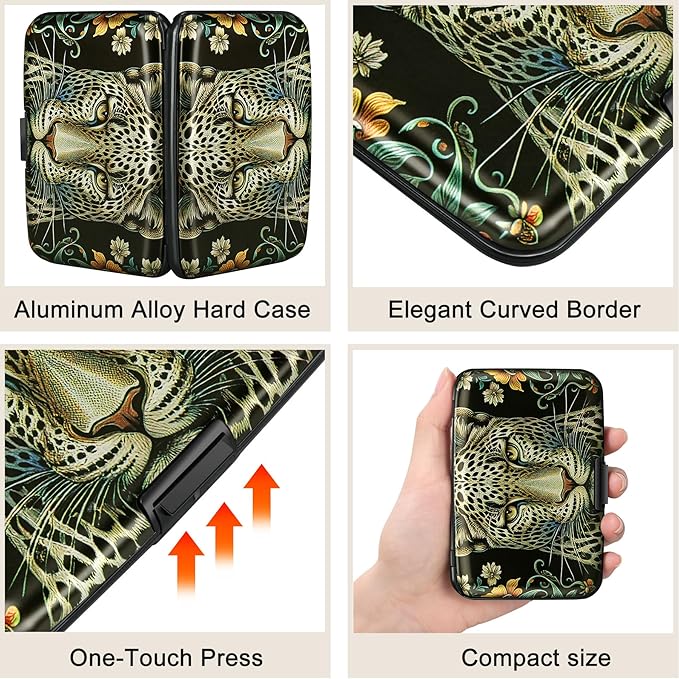 ELFISH Mini RFID Aluminum Wallet Credit Cards Holder Business Card Case Metal ID Case for Men Women(Black Leopard)