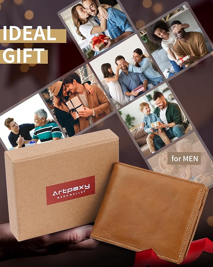 Artpaxy Mens Wallet Genuine Leather Bifold RFID Blocking Wallet for Men with 1 ID Window 13 Card Holders 2 cash pockets 1 Gift Box (Light Brown)