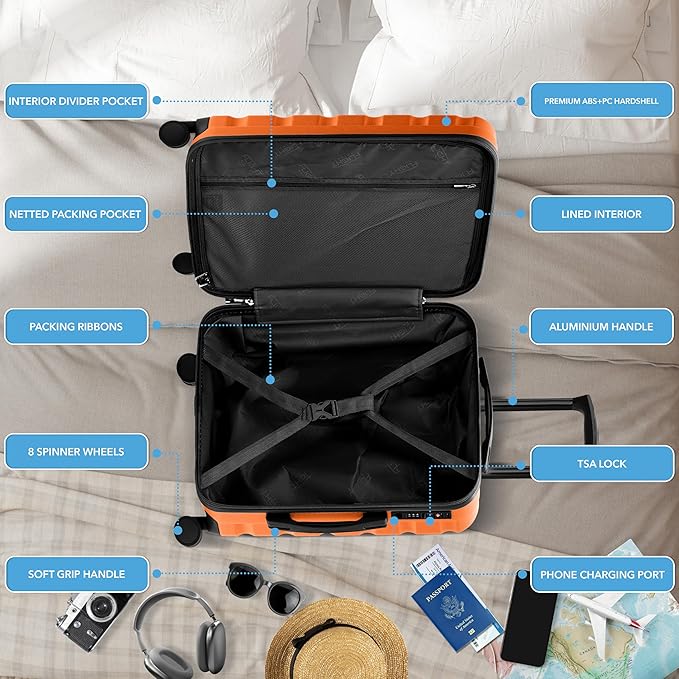 Flight Knight 24x16x10 Expandable Carry On Suitcase Hardside TSA Lock USB C Lightweight Luggage Silent Double Spinner Wheels Maximum Overhead Carry-On Bag For Virgin South West Approved Orange