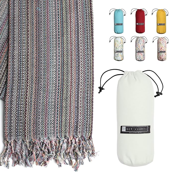 BAY LAUREL Turkish Beach Towel with Travel Bag 39 x 71 Quick Dry Sand Free Lightweight Large Oversized Towels Light