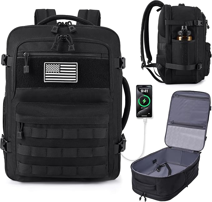 MOZETO TSA Approved Carry On Backpack, Extra Large Tactical Travel Backpack for Men, Airplane Approved Weekender Bag, Water Resistant Lightweight Laptop Daypack for Flight, Black