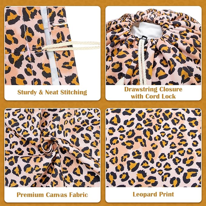 Canvas Laundry Bag with shoulder Strap 24"Wx 29"H, Large Drawstring Dirty Clothes Bag Washable Laundry Sack for College Dorm, Travel, Home, Camp (Leopard)