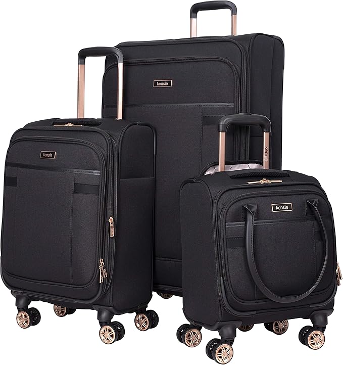 kensie Hudson Softside 3-Piece Spinner Luggage Set, Black with Rose Gold