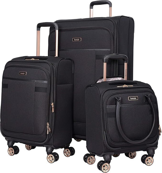 kensie Hudson Softside 3-Piece Spinner Luggage Set, Black with Rose Gold