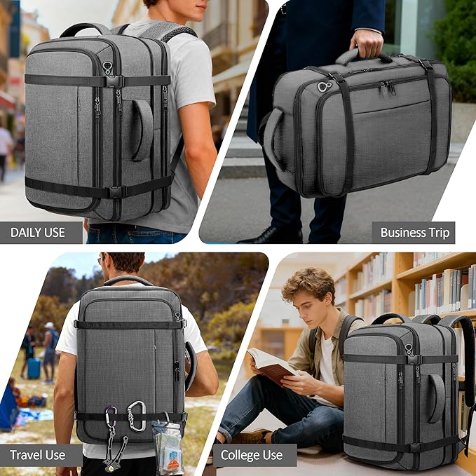 Comfort Travel Backpack with LifetimeWarranty,Expandable Carry on Backpack 1-5 Days with USB Cable Port,Fits 17.3" Laptop Notebook,Water Resistant Backpack Flight Approved Hiking,College Travel,Grey