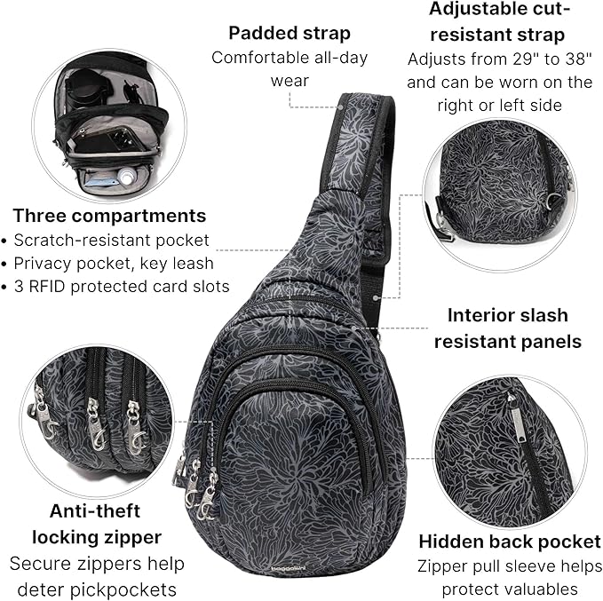 Baggallini Securtex® Anti-Theft Multi Zip Sling - Lightweight 8.6"x15.2" Travel Bag with Locking Zippers & RFID Protection