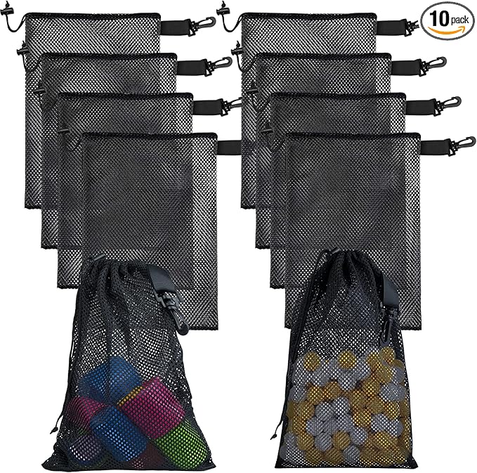 10 PCS With Clips Mesh Drawstring Bags, Portable Nylon Storage Bags for toy,Sports Storage,Outdoor activities etc. (7.9x11.8in)